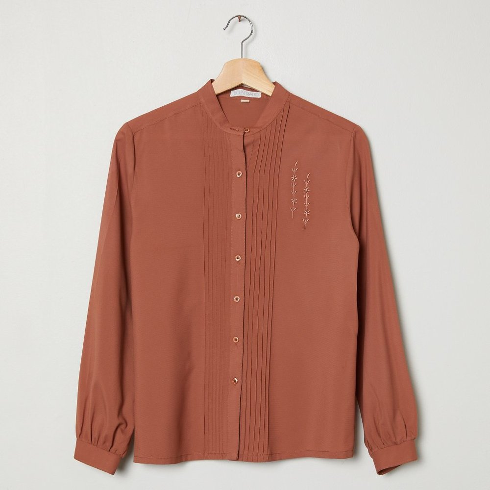 Vtg 70s Dusty Rose Embroidered Blouse M